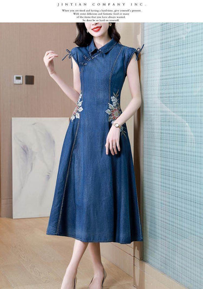 New Modified Version Denim Jeans Flared Midi Dress Female Machine Embroidery Retro - www.Shopthatapp.com