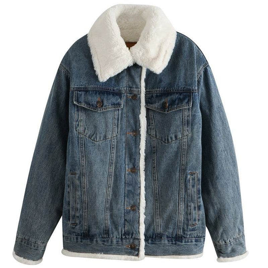 Plush Thick Lamb Wool Denim Jacket Women Short - www.Shopthatapp.com