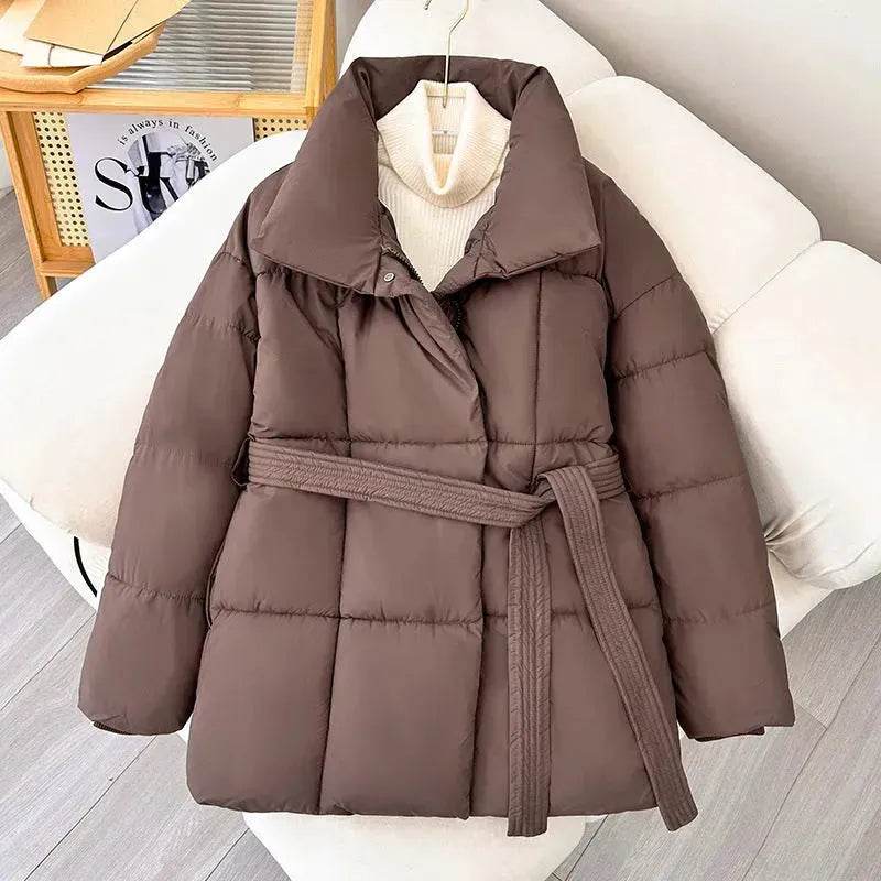 Winter Plaid Sewing Lapel Coat With Lace-up Design Fashion Loose Solid Thick Jacket Outerwear Women's Clothing - www.Shopthatapp.com