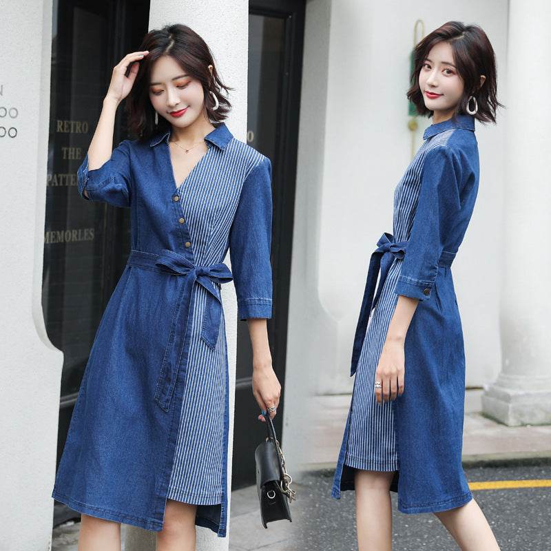 Casual Fashion Slim denim Wrap dress - www.Shopthatapp.com