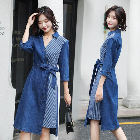 Casual Fashion Slim denim Wrap dress - www.Shopthatapp.com