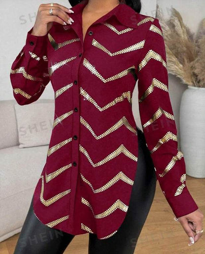 Lyxana Open Placket Foil Print Random Cut Shoulder Long Sleeve Cinched Waist Blouse Women tunic Shirt - www.Shopthatapp.com