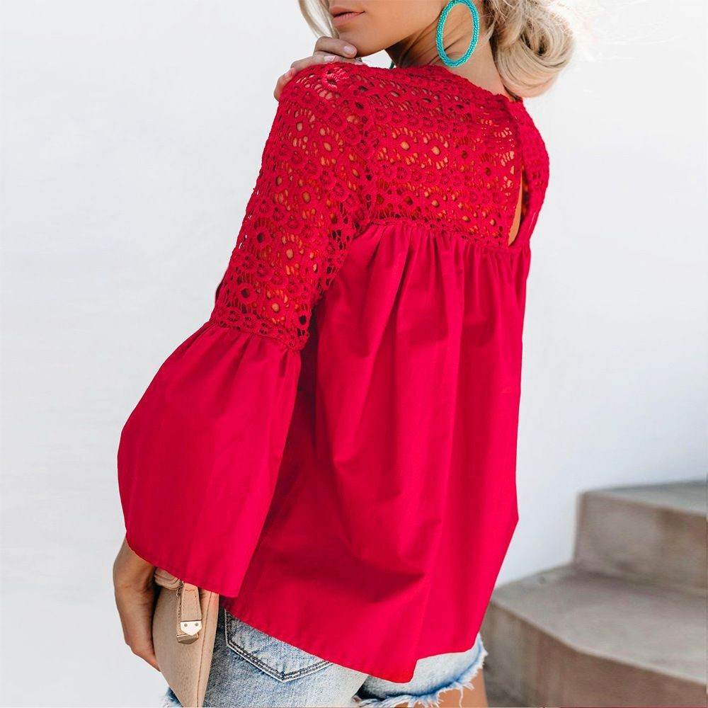 New fashion tops round neck women Ruffle Lace blouse Elegant Summer top - www.Shopthatapp.com