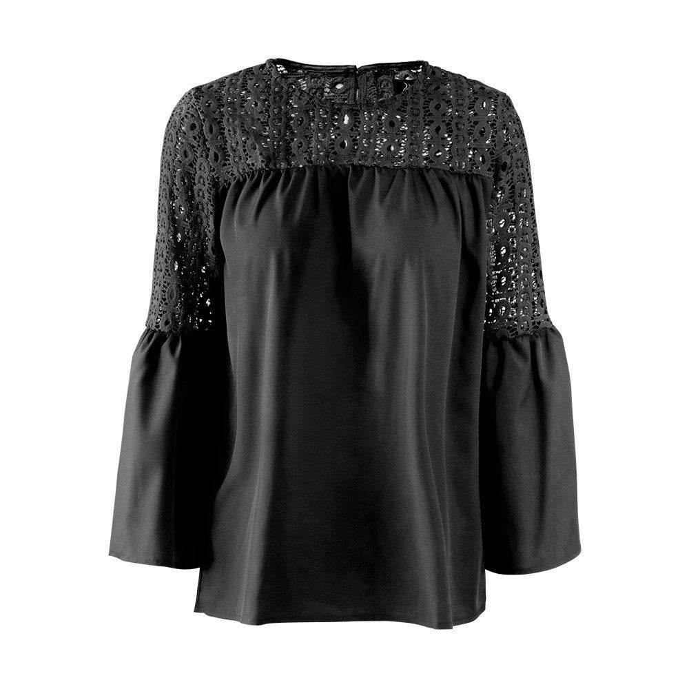 New fashion tops round neck women Ruffle Lace blouse Elegant Summer top - www.Shopthatapp.com
