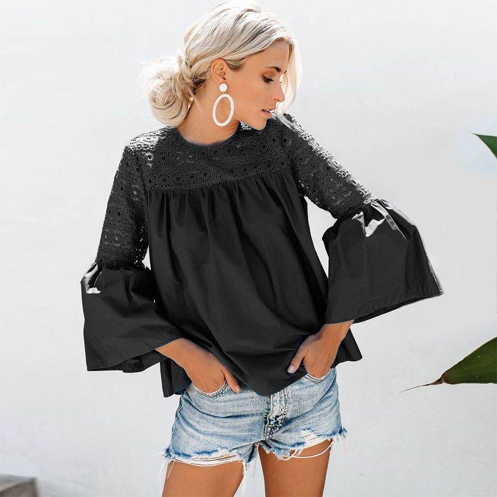 New fashion tops round neck women Ruffle Lace blouse Elegant Summer top - www.Shopthatapp.com