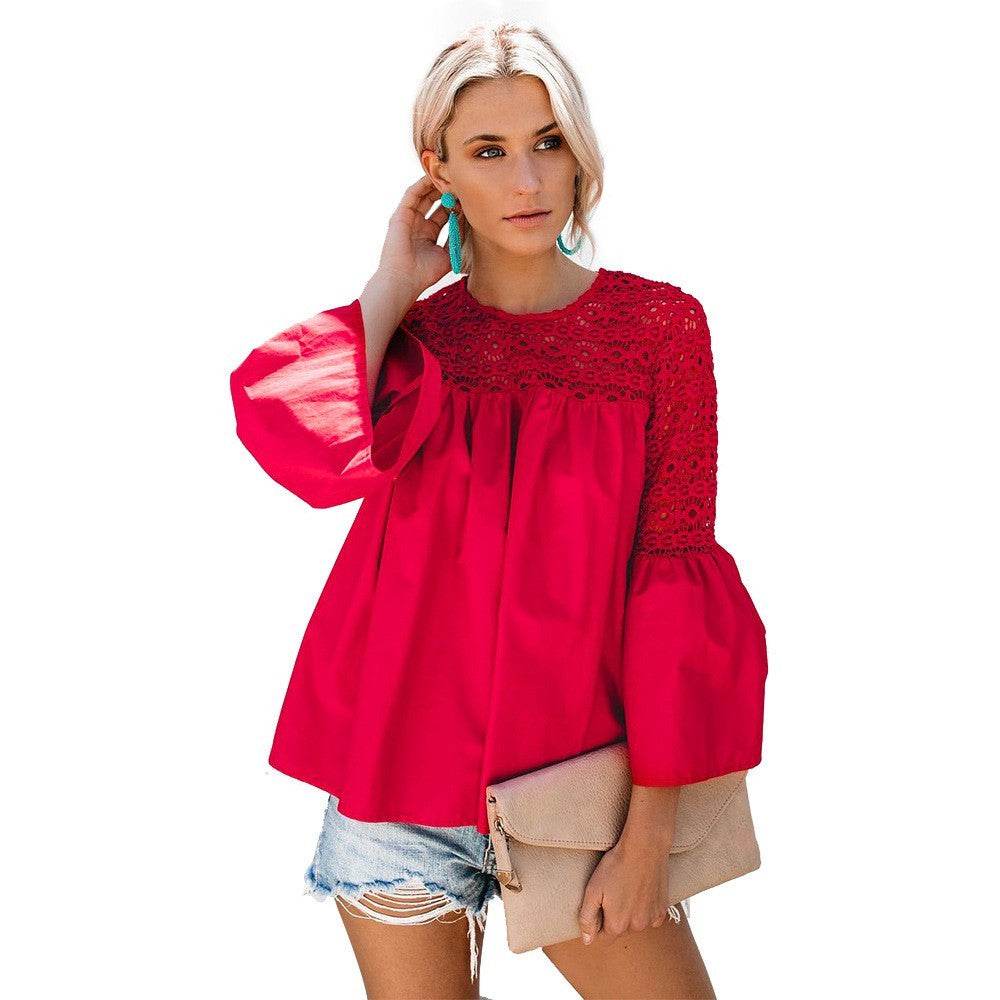 New fashion tops round neck women Ruffle Lace blouse Elegant Summer top - www.Shopthatapp.com