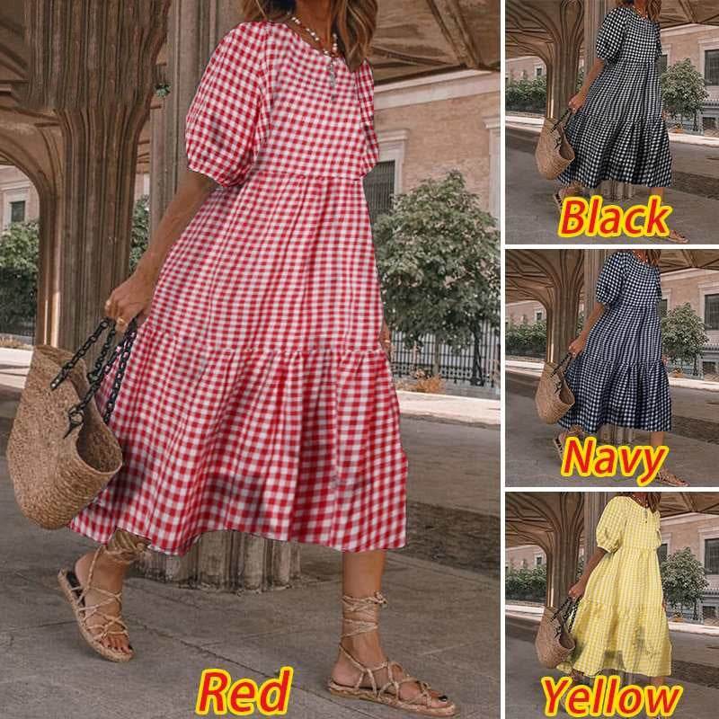 Casual Summer Midi dress puff sleeve flowy mum dress - www.Shopthatapp.com