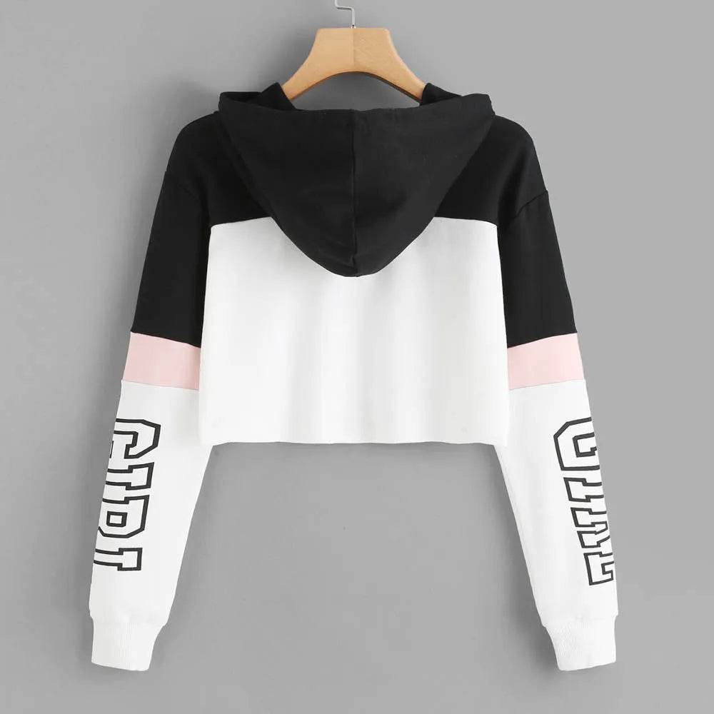 Girls Fashion Hoodie Crop Top Sweatshirt  Pullover Women Patchwork - www.Shopthatapp.com