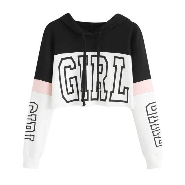 Girls Fashion Hoodie Crop Top Sweatshirt  Pullover Women Patchwork - www.Shopthatapp.com