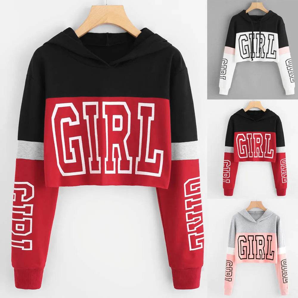 Girls Fashion Hoodie Crop Top Sweatshirt  Pullover Women Patchwork - www.Shopthatapp.com