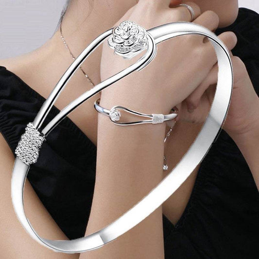 Simple Trendy Rose Flower Bracelet Female Romantic Flower silver Bracelet for ladies