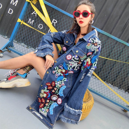 Fashion Loose Mid length Long Sleeved Denim Jacket Women - www.Shopthatapp.com