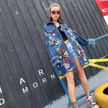 Fashion Loose Mid length Long Sleeved Denim Jacket Women - www.Shopthatapp.com