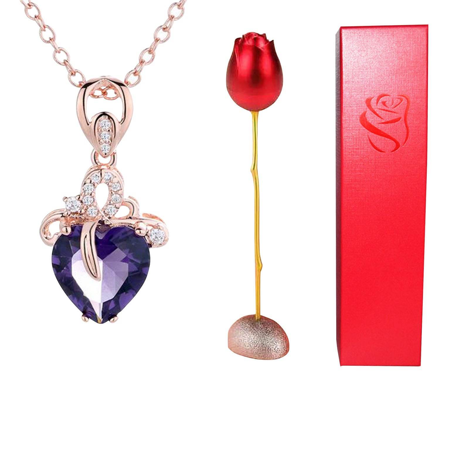 Valentines Day Gift Heart Shaped Blue Purple Crystal Diamond Pendant Rose Head Necklace - www.Shopthatapp.com