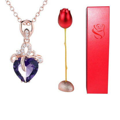 Valentines Day Gift Heart Shaped Blue Purple Crystal Diamond Pendant Rose Head Necklace - www.Shopthatapp.com