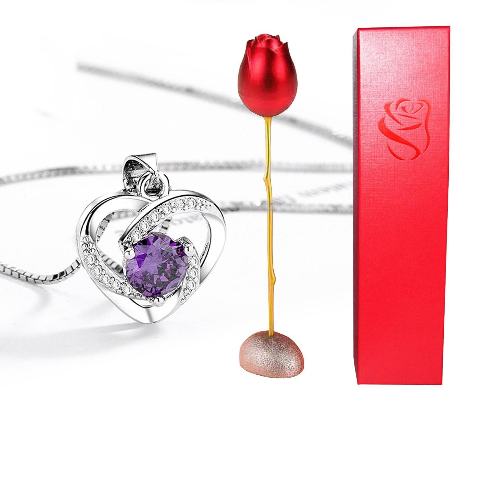 Valentines Day Gift Heart Shaped Blue Purple Crystal Diamond Pendant Rose Head Necklace - www.Shopthatapp.com