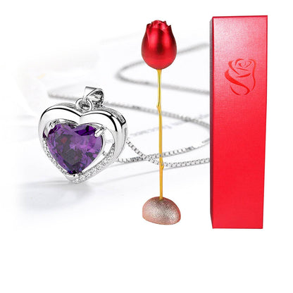 Valentines Day Gift Heart Shaped Blue Purple Crystal Diamond Pendant Rose Head Necklace - www.Shopthatapp.com