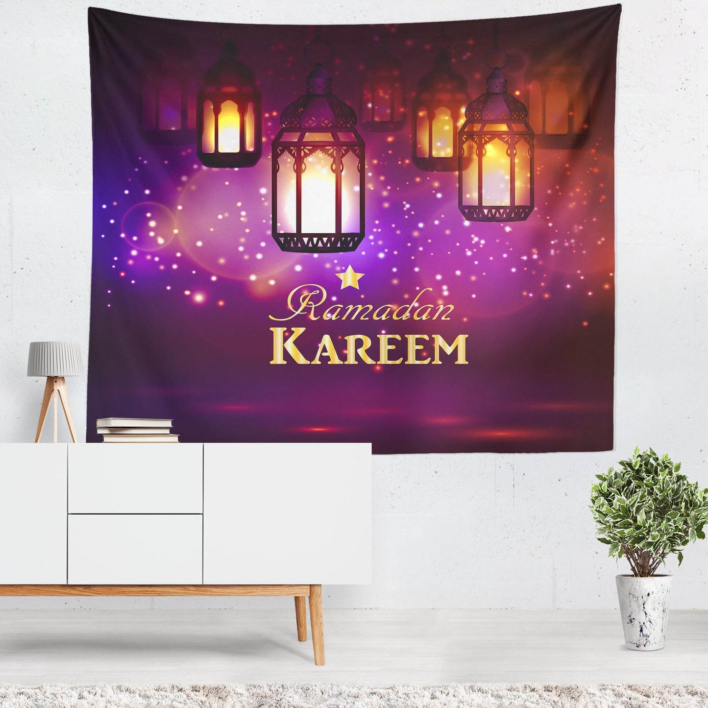 Colorful Lantern Living Room Bedroom Ramadan Tapestry Eid Mubarak Wall Carpet Mural - www.Shopthatapp.com