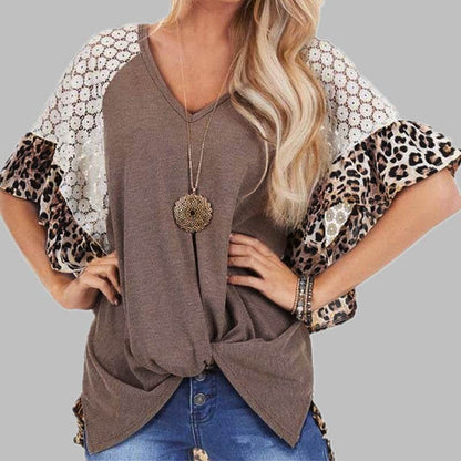Leopard Patchwork Women Loose V-neck Tops Tee Batwing Sleeve Top Women Summer Short Sleeve - www.Shopthatapp.com