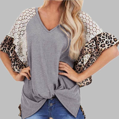 Leopard Patchwork Women Loose V-neck Tops Tee Batwing Sleeve Top Women Summer Short Sleeve - www.Shopthatapp.com