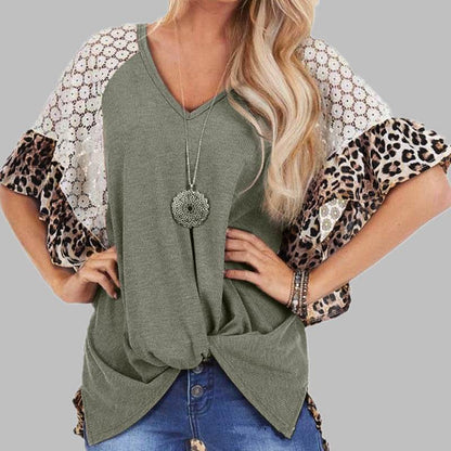 Leopard Patchwork Women Loose V-neck Tops Tee Batwing Sleeve Top Women Summer Short Sleeve - www.Shopthatapp.com