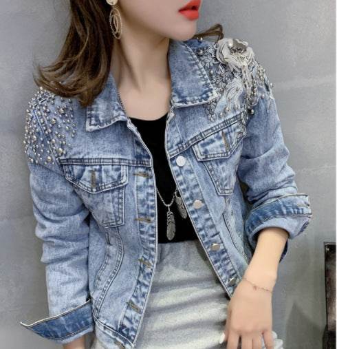Europe Station New Shoulder Rivet Denim Jacket Women s Short Slim Jacket Three Dimensional Flower Top - www.Shopthatapp.com