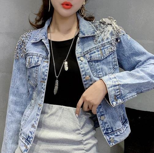 Europe Station New Shoulder Rivet Denim Jacket Women s Short Slim Jacket Three Dimensional Flower Top - www.Shopthatapp.com