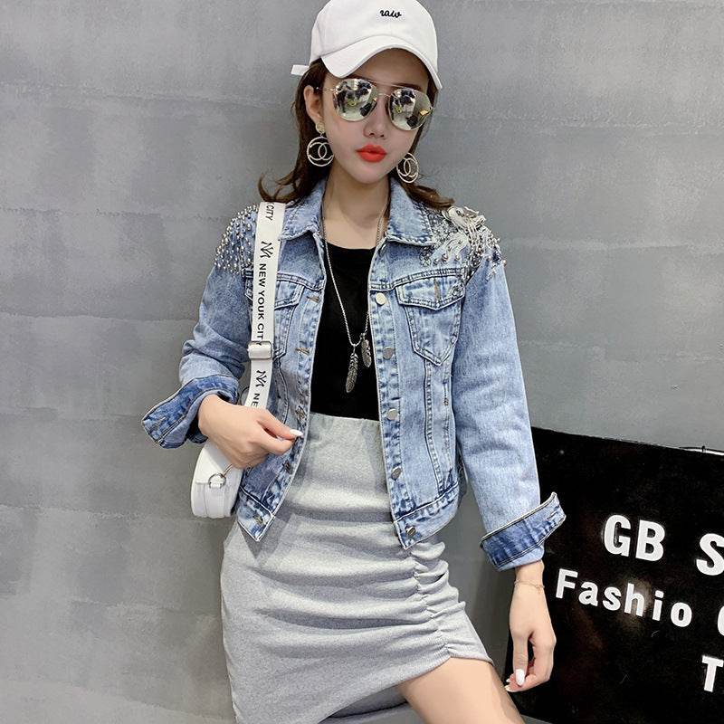 Europe Station New Shoulder Rivet Denim Jacket Women s Short Slim Jacket Three Dimensional Flower Top - www.Shopthatapp.com
