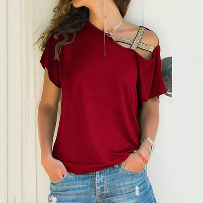 Women Skew Neck Summer Irregular Criss Cross Short Sleeves Sexy Off Shoulder Solid Tops Blusa Femme One Shoulder  Blouse - www.Shopthatapp.com