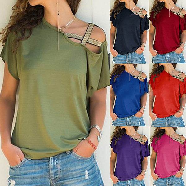 Women Skew Neck Summer Irregular Criss Cross Short Sleeves Sexy Off Shoulder Solid Tops Blusa Femme One Shoulder  Blouse - www.Shopthatapp.com