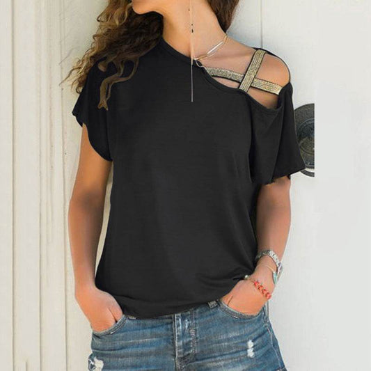 Women Skew Neck Summer Irregular Criss Cross Short Sleeves Sexy Off Shoulder Solid Tops Blusa Femme One Shoulder  Blouse - www.Shopthatapp.com