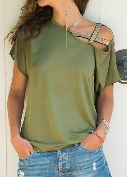 Women Skew Neck Summer Irregular Criss Cross Short Sleeves Sexy Off Shoulder Solid Tops Blusa Femme One Shoulder  Blouse - www.Shopthatapp.com