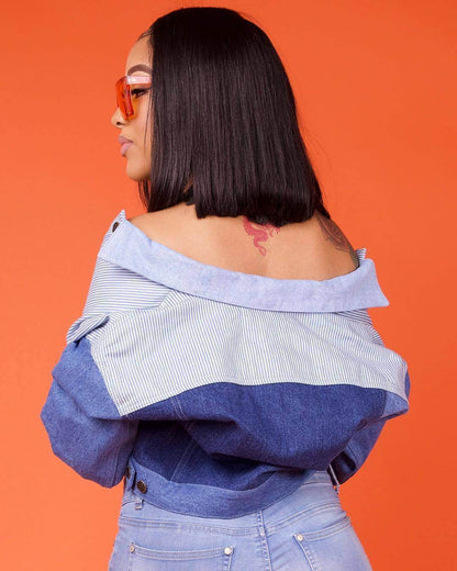 Oversized Denim Jacket – Color Matching Cotton Lapel - www.Shopthatapp.com