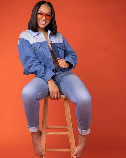 Oversized Denim Jacket – Color Matching Cotton Lapel - www.Shopthatapp.com