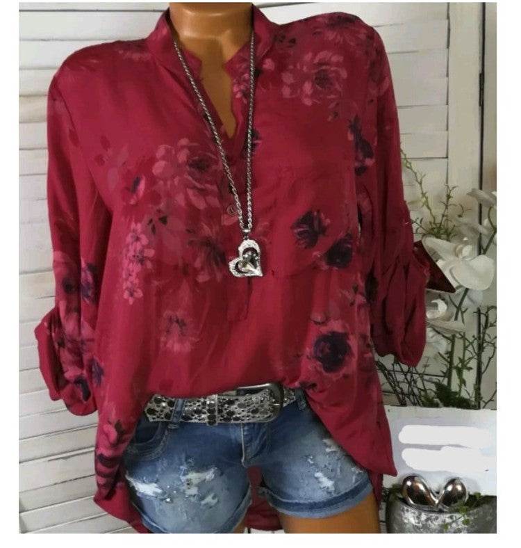 5XL Plus Size Summer Tops Women Blouses Long Sleeve Print Stand Collar Button Blouse Pullover Womens Clothing  Blusa - www.Shopthatapp.com