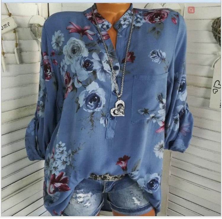 5XL Plus Size Summer Tops Women Blouses Long Sleeve Print Stand Collar Button Blouse Pullover Womens Clothing  Blusa - www.Shopthatapp.com