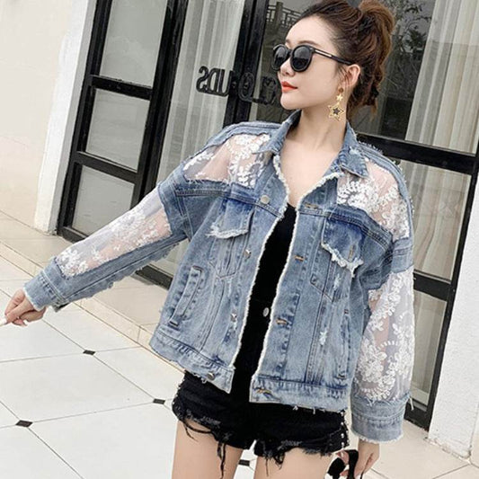 Denim Short Jacket Women Trendy Fashion Casual Lace Stitching Loose Sun Protection Clothing - www.Shopthatapp.com