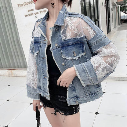 Denim Short Jacket Women Trendy Fashion Casual Lace Stitching Loose Sun Protection Clothing - www.Shopthatapp.com