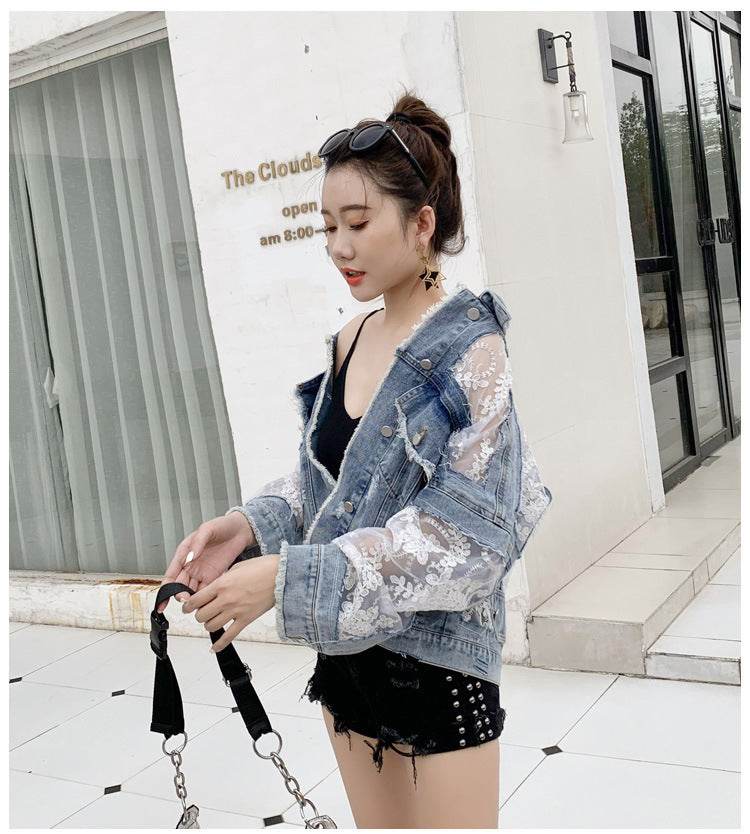 Denim Short Jacket Women Trendy Fashion Casual Lace Stitching Loose Sun Protection Clothing - www.Shopthatapp.com