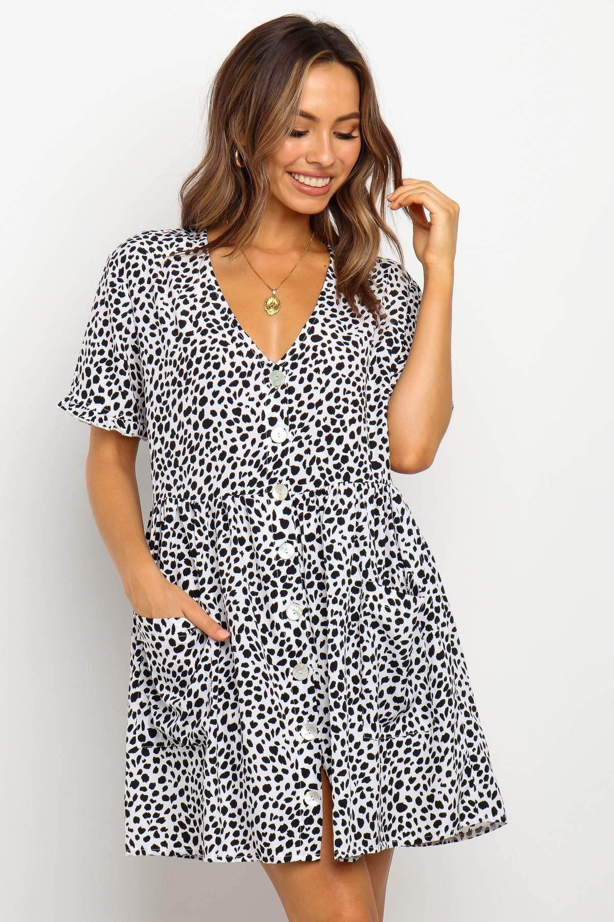 Casual Summer dresses Women Spring Mini short sleeve button down dot printed loose Dress - www.Shopthatapp.com