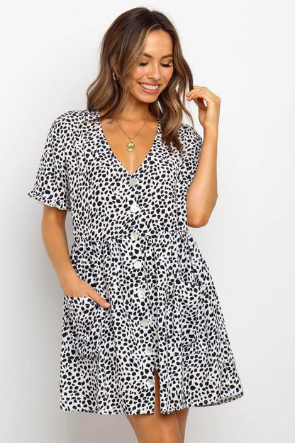 Casual Summer dresses Women Spring Mini short sleeve button down dot printed loose Dress - www.Shopthatapp.com