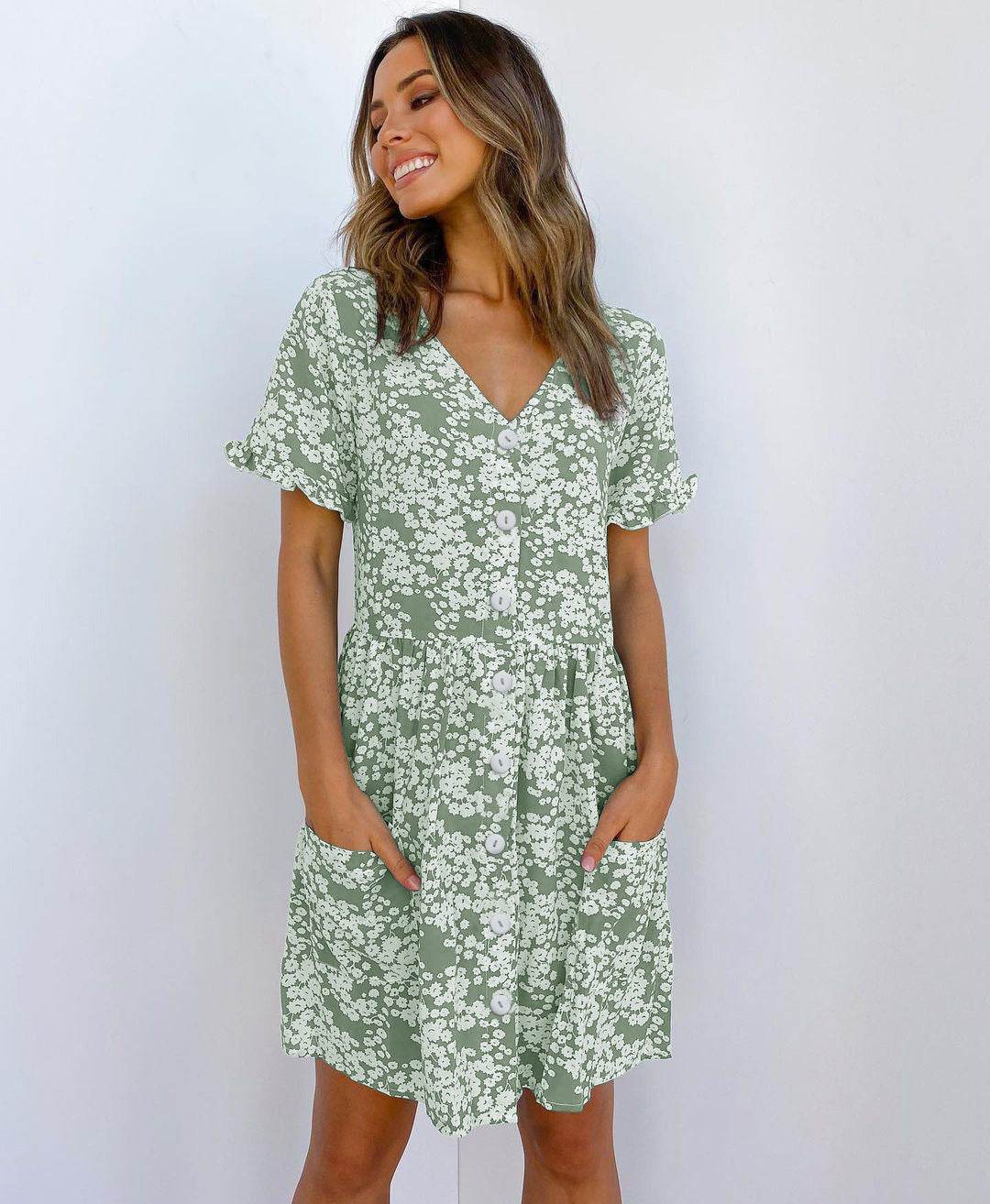 Casual Summer dresses Women Spring Mini short sleeve button down dot printed loose Dress - www.Shopthatapp.com