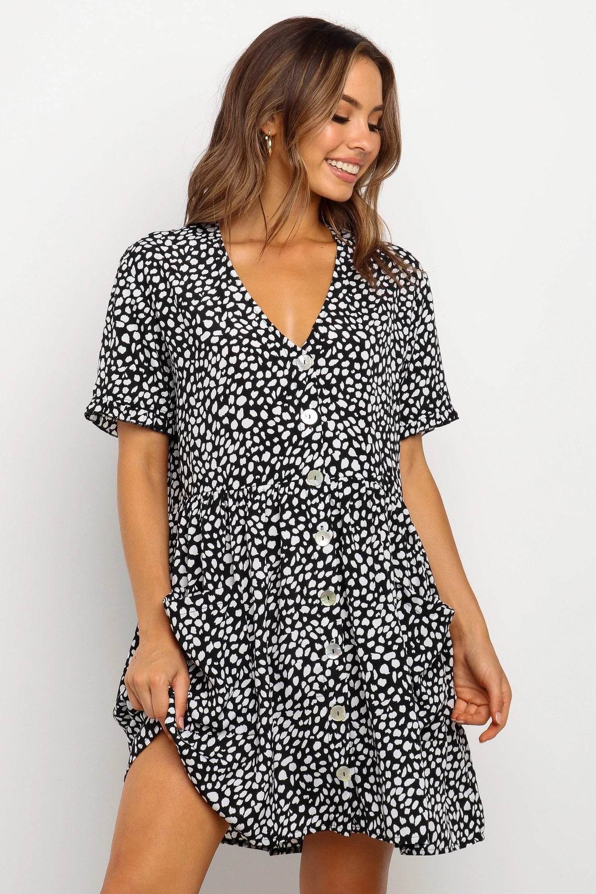 Casual Summer dresses Women Spring Mini short sleeve button down dot printed loose Dress - www.Shopthatapp.com