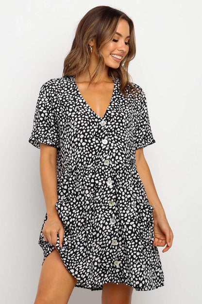Casual Summer dresses Women Spring Mini short sleeve button down dot printed loose Dress - www.Shopthatapp.com