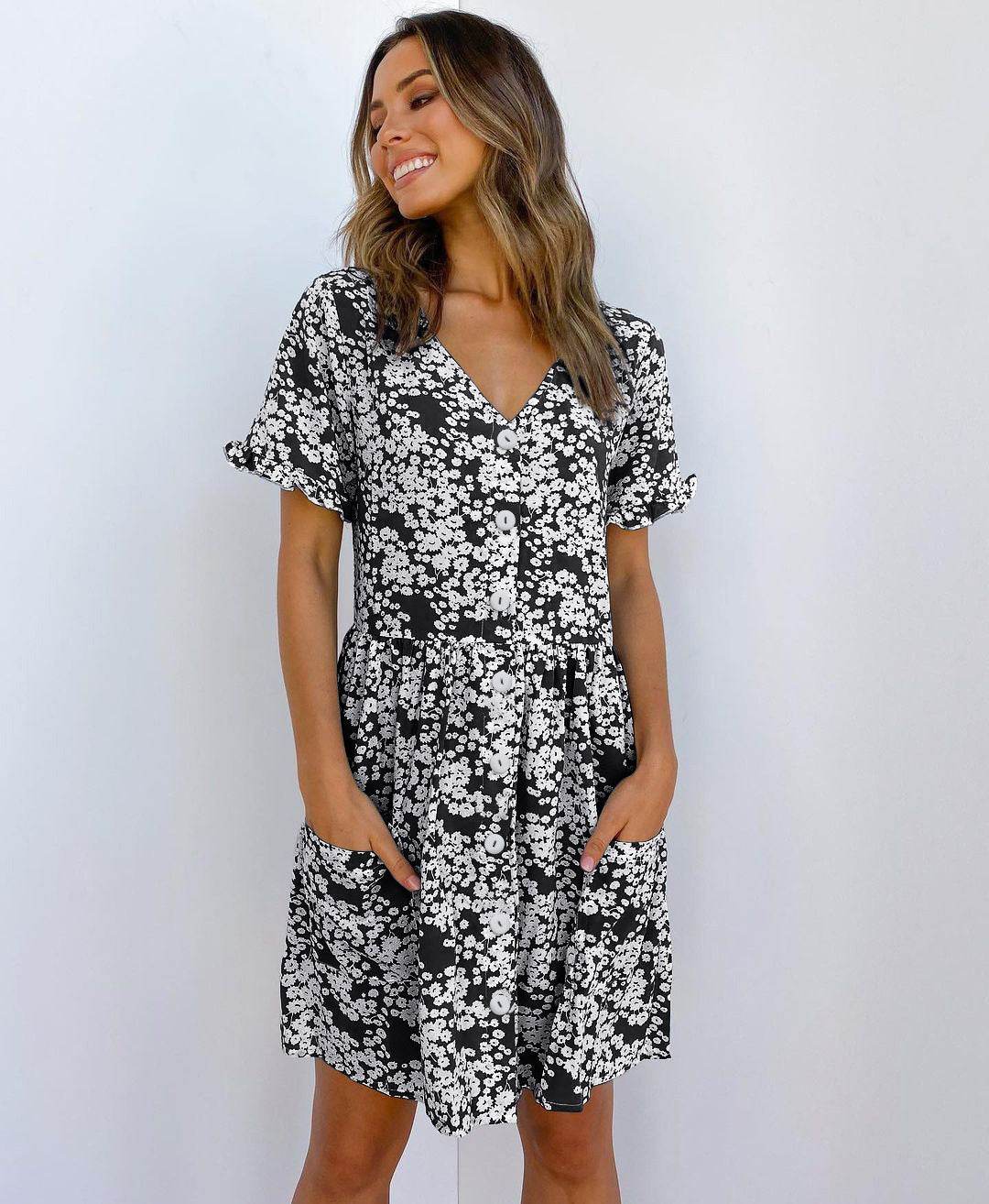 Casual Summer dresses Women Spring Mini short sleeve button down dot printed loose Dress - www.Shopthatapp.com