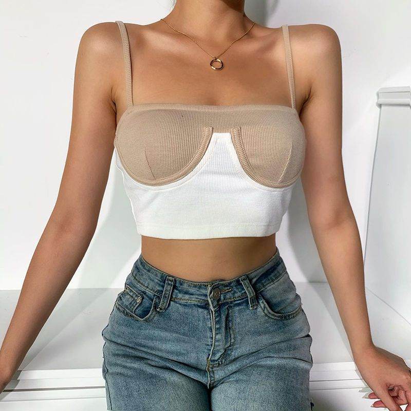 InstaHot Cami Top Women Summer Rib Knit Bikini Patchwork Slash Neck Slim Skinny Backless Crop Top Casual Fashion Strap Tops - www.Shopthatapp.com