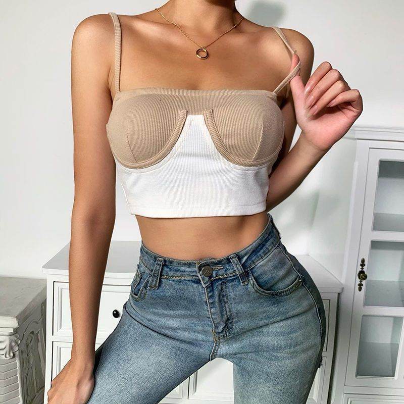 InstaHot Cami Top Women Summer Rib Knit Bikini Patchwork Slash Neck Slim Skinny Backless Crop Top Casual Fashion Strap Tops - www.Shopthatapp.com