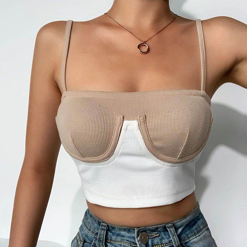 InstaHot Cami Top Women Summer Rib Knit Bikini Patchwork Slash Neck Slim Skinny Backless Crop Top Casual Fashion Strap Tops - www.Shopthatapp.com