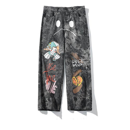 Streetwear Men Loose Denim Pants Graffiti Print Black Vintage Denim Pants Harajuku Joggers Trousers Cotton Jeans - www.Shopthatapp.com
