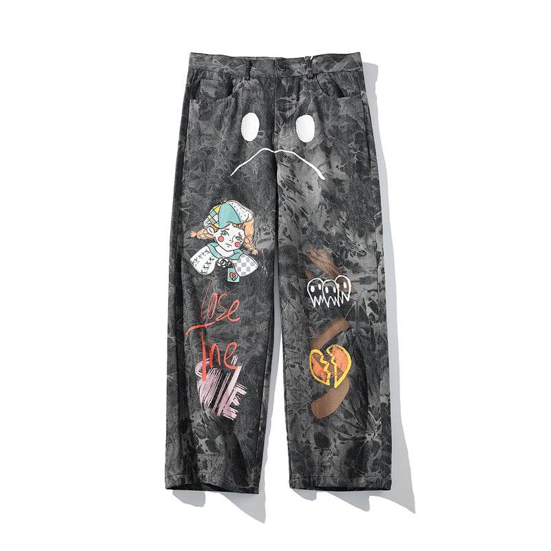 Streetwear Men Loose Denim Pants Graffiti Print Black Vintage Denim Pants Harajuku Joggers Trousers Cotton Jeans - www.Shopthatapp.com